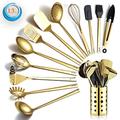 Berglander Gold Cooking Utensils Set, Stainless Steel 13 Pieces Kitchen Utensils Set with Titanium Gold Plating, Kitchen Tools Set with Utensil Holder, Dishwasher Safe, Easy to Clean