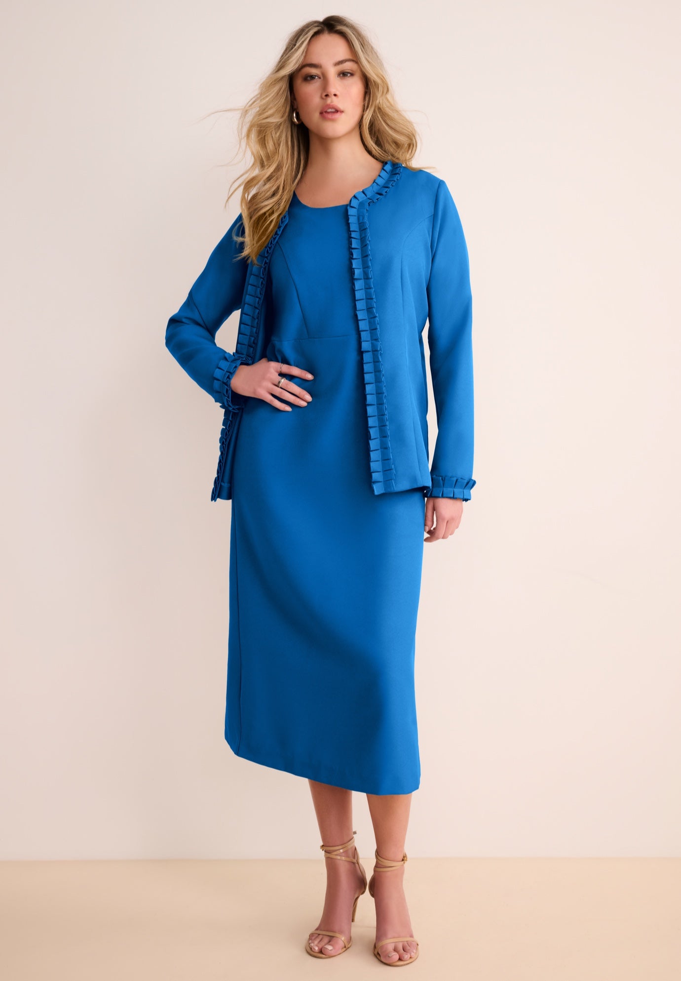 Plus Size Women's Plus Size Long Sleeve Pleated Jacket Dress Set - Elegant 2-Piece Sheath Suit by Roaman's in Vivid Blue (Size 26 W)