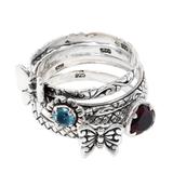 Heart of a Garden,'Romantic Stacking 4 Ring Set with Garnet and Blue Topaz'