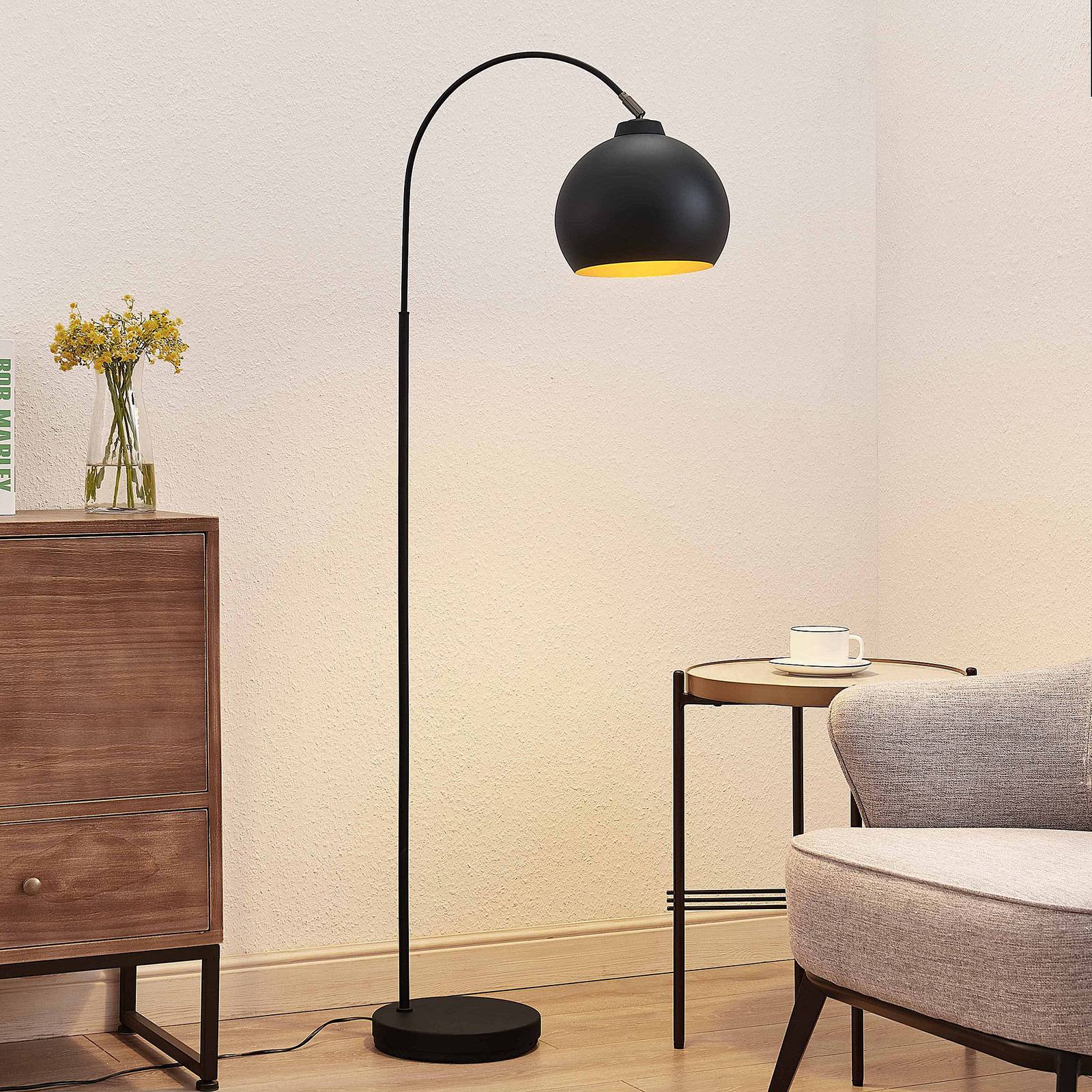 Bogenlampe Minali Lindby, schwarz, für Wohn- / Esszimmer, Metall, Modern, Stehlampe