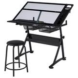 The Twillery Co.® Height Adjustable Drafting Table & Chair Set Glass/Metal in Black/Gray | 55.5 W x 24 D in | Wayfair