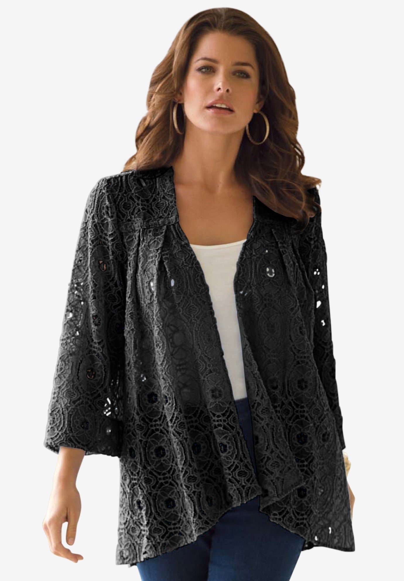 Plus Size Women's Lace Swing Jacket by Roaman's in Black (Size 32 W)