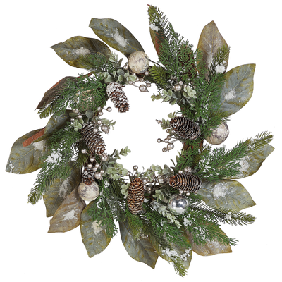 Weihnachtsdekoration Kranz Grün Kunststoff rund 60 cm mit Schnee Tannenzapfen Tannenzweigen Beeren Kugeln Innenbereich T