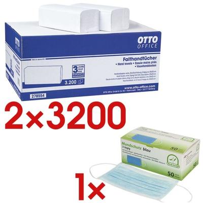 2x 3200 Papierhandtücher inkl. 50er-Pack medizinische Masken weiß, OTTO Office, 25 cm