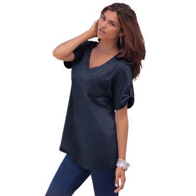 Plus Size Women's V-Neck Boyfriend Slub Tunic by Roaman's in Navy (Size 1X) Long Shirt