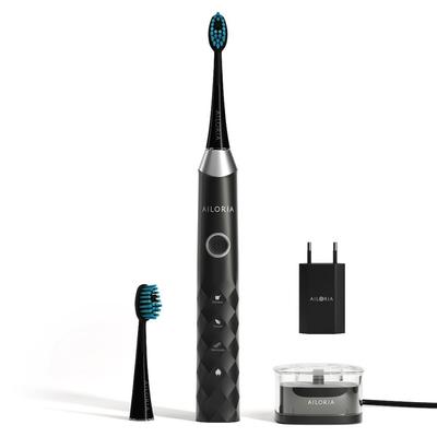 Ailoria Shine Bright USB-Schallzahnbürste schwarz-silber inkl. 2 Bürstenköpfe & USB Power Plug Elektrische Zahnbürste Schwarz