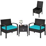 Costway 3 Piece PE Rattan Wicker Sofa Set with Washable and Removable Cushion for Patio-Turquoise