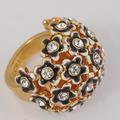 J. Crew Jewelry | J Crew Dome Ring Goldtone Enamel Flowers Rhineston | Color: Black/Gold | Size: 7 - 7.5