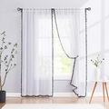 Treatmentex Black and White Sheer Curtains for Living Room 95" Long Linen Curtain Draperies for Nursery Room Decorative Pompom Voiles 2 Panels