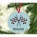 The Holiday Aisle® Racing Car Flags Personalized Metal Christmas Ball Ornament Metal in Blue | 3.5 H x 3.5 W in | Wayfair