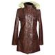 Michelle Brown Ladies Detachable Fur Hood Military Style Knee Length Smart Casual Winter Real Cowhide Glazed Leather Jacket Parka Coat (Sizes: 8 to 22 Available) (Size: 18)