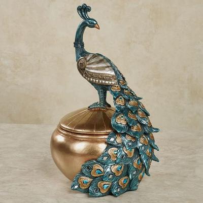 Poised Peacock Decorative Covered Box Blue , Blue