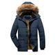 Mens Winter Warm Hooded Jacket Fur Collar Parka Thick Fleece Coats Zip Outwear Plus Size 5XL Navy Blue
