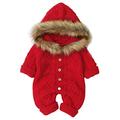 Haokaini Newborn Baby Fur Collar Hooded Knitted Romper Sweater Snowsuit for Boys Girls (Red,0-3 Months)