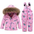 FAIRYRAIN Baby Kids Girls Boys 2pcs Hooded Fur Trim Cartoon Elephant Winter Snowsuit Puffer Down Jacket with Snow Ski Bib Pants Set Pink