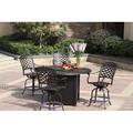 Alcott Hill® Thompson 5-Piece Counter Height Propane Bar Set w/ Cushions & 60" Round Fire Pit Bar Table Metal in Brown | Outdoor Furniture | Wayfair