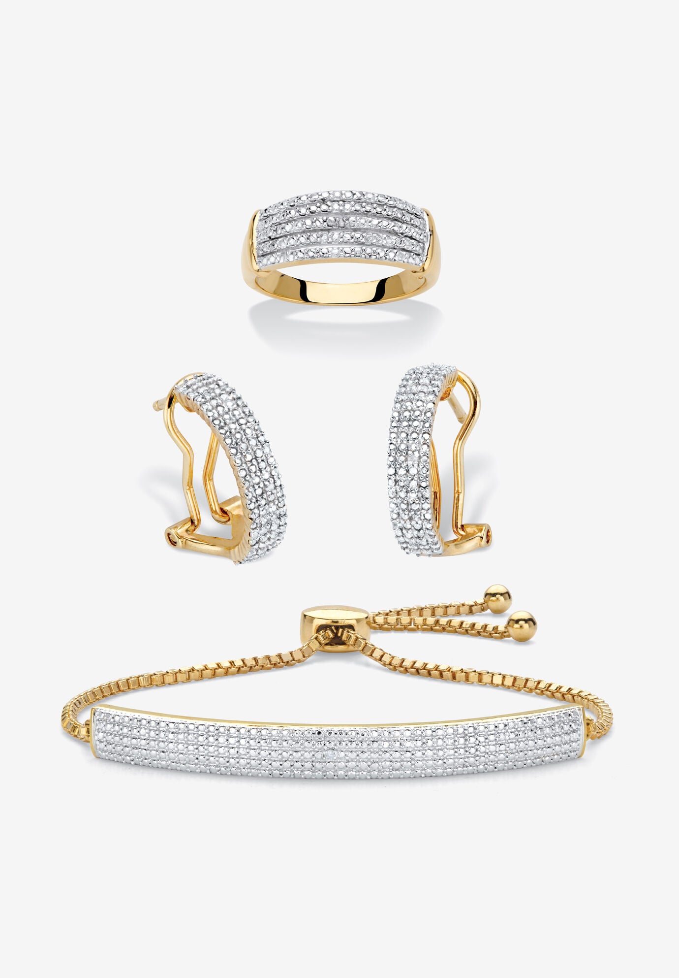 Women's 18K Gold-Plated Diamond Accent Demi Hoop Earrings, Ring and Adjustable Bolo Bracelet Set 9" by PalmBeach Jewelry in Gold (Size 8)