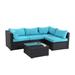 Orren Ellis Morrowville 5 Piece Rattan Sectional Seating Group w/ Cushions Synthetic Wicker/All - Weather Wicker/Wicker/Rattan in Blue | Outdoor Furniture | Wayfair