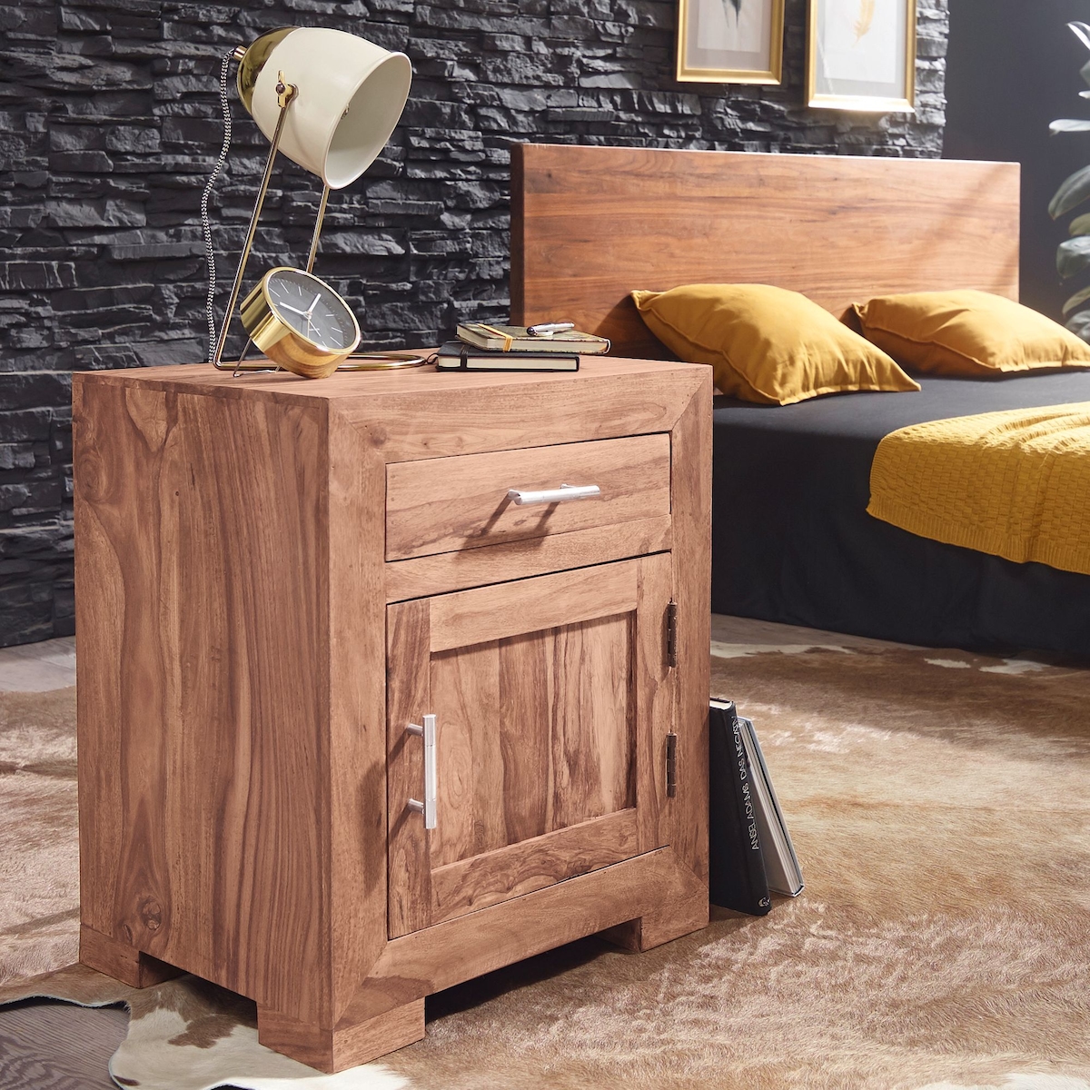 FineBuy Nachttisch Massivholz 60 cm Nachtschrank Nachtkonsole für Boxspringbett Image