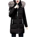 HOMEBABY Women Cotton Parka Long Thick Fur Collar Jacket Ladies Hooded Outwear Winter Warm Quilted Padded Coat Lightweight Long Sleeve Tops Black