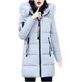 HOMEBABY Women Cotton Parka Long Thick Fur Collar Jacket Ladies Hooded Outwear Winter Warm Quilted Padded Coat Lightweight Long Sleeve Tops Gray