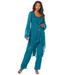 Plus Size Women's Three-Piece Beaded Pant Suit by Roaman's in Deep Teal (Size 42 W) Sheer Jacket Formal Evening Wear