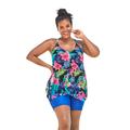 Plus Size Women's Longer Length Mesh Tankini Top by Swim 365 in Black Tropical Floral (Size 16)