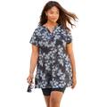 Plus Size Women's Longer Length Short-Sleeve Swim Tunic by Swim 365 in Black White Stencil Floral (Size 18)