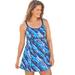 Plus Size Women's Empire-Waist Swim Dress by Swim 365 in Blue Watercolor Stripes (Size 14) Swimsuit