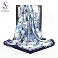 [BYSIFA]-Foulard en Satin de Style Chinois pour Femme Musulmane Cape Imprimée Bleue et Blanche