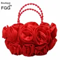 Boutique De FGG-Sac à Main en Satin pour Femme Rose Fleur Rouge Sad Soirée Poignée Perlée