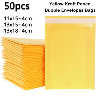 Enveloppes à Bulles en Papier Kraft Jaune Sacs d'Emballage Rembourrés de Rangement de Courrier 50