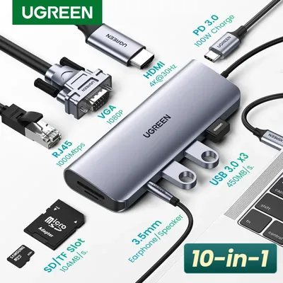 UGREEN – HUB 10-en-1 USB type-c vers HDMI 4K USB 3.0 VGA PD 3.5mm pour MacBook/Pro/Air iPad