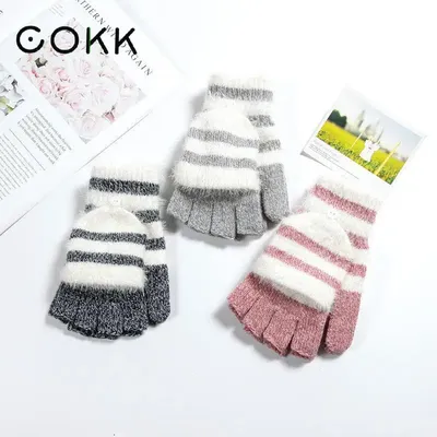 COKK – gants tricotés sans doigts pour femmes à rayures en fausse fourrure de lapin mitaine de