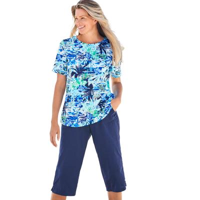 Plus Size Women's The Swim Tee by Swim 365 in Blue Stripe Palm (Size 38/40) Rash Guard