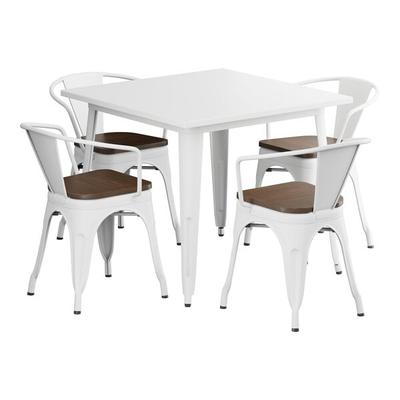 Lancaster Table & Seating Alloy 36" x 36" Pearl White Standard Height Indoor Table and 4 Arm Chairs with Walnut Wood Seats