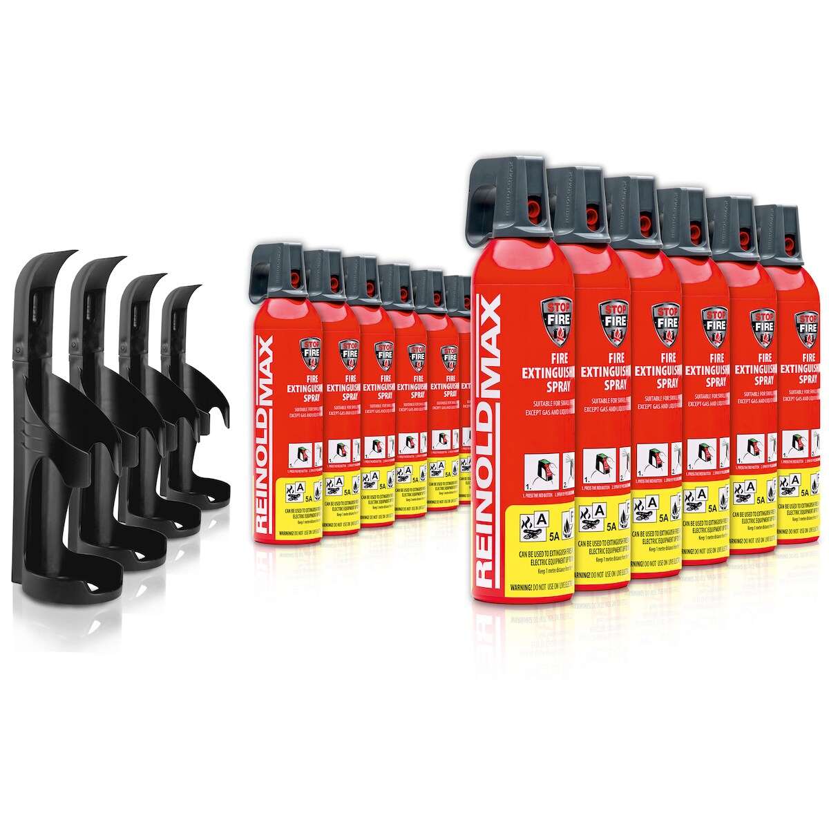 XENOTEC Premium Feuerlöschspray–12 x 750ml – Wandhalter - Stopfire – Autofeuerlöscher – REINOLDMAX – inkl. 4 Wandhalterung schwarz – wiederverwendbar Image
