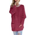 Elapsy Womens Solid Color Round Neck Oversized Sweaters Knitted Tunic Dress with Pockets Red Large 16 18