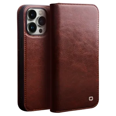 QIALINO-Étui fin de luxe en cuir véritable avec fente pour carte housse tendance pour iPhone 15 14