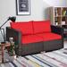 Ebern Designs Malti 59" Wide Outdoor Wicker Loveseat w/ Cushions Wicker/Rattan in Red | 25.5 H x 59 W x 29.5 D in | Wayfair