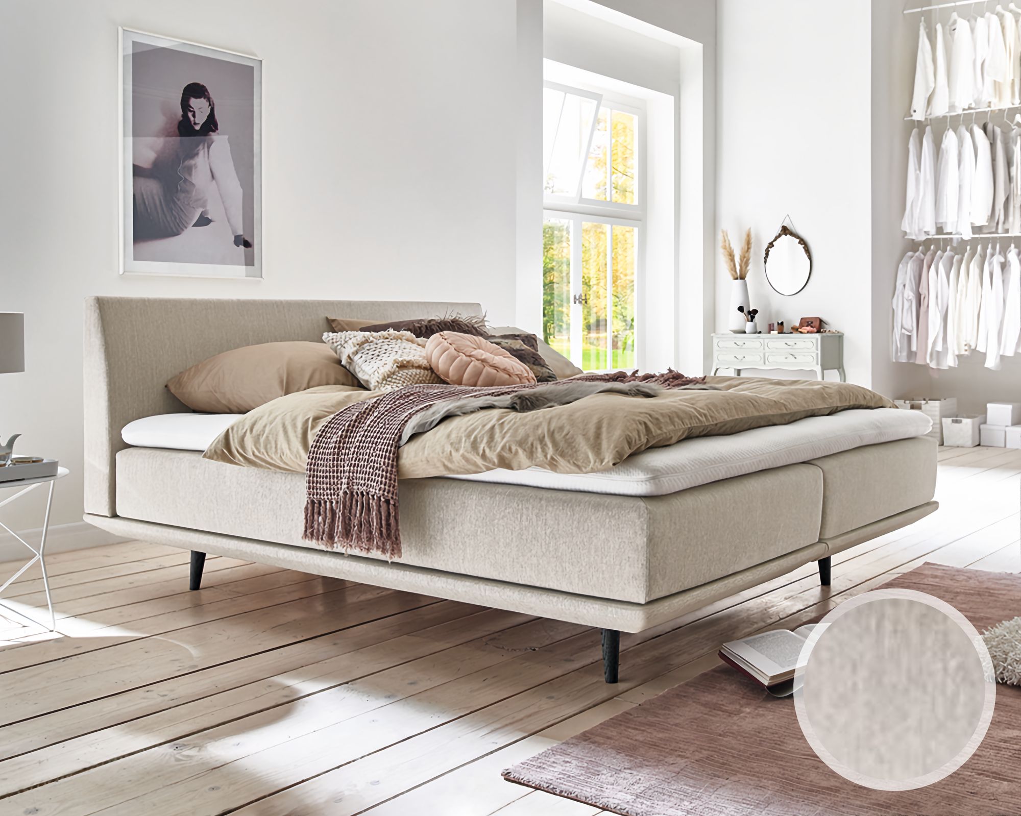 Kamjo »Piano« Boxspringbett inkl. Topper 140x200 cm / Pulse Latex Topper geheftet / Box 7 TFK Matratze optisch glatt geteilt / Kopfteil Piano Khaki