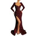 Fhuuly Women's Sparkling Red Sequin Mermaid Cap Sleeves Evening Dress Bodycon Prom Dress Long Sleeve Deep V Maxi Skirt （Wine，L）