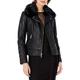 GUESS Women's Leather Moto Jacket with Removable Faux Fur Trim, Black, Large