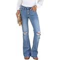 XIANGCHEN Women's High Waist Relaxed Fit Ripped Jeans Stretchy Flare Jeans Denim Pants (Button Fly- Light Blue,L)