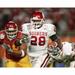 Adrian Peterson Oklahoma Sooners Unsigned White Jersey Rushing With Ball vs. USC Trojans During 2005 National Championship Photograph