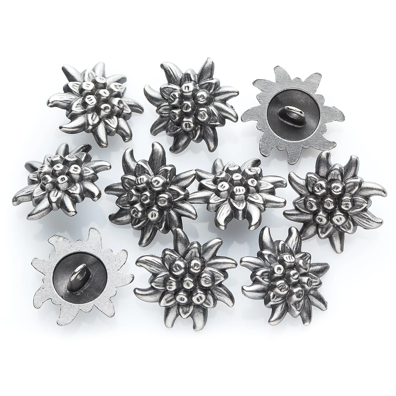 buttinette Boutons tyroliens "edelweiss", argent, 20 x 20 mm, 10 pièces