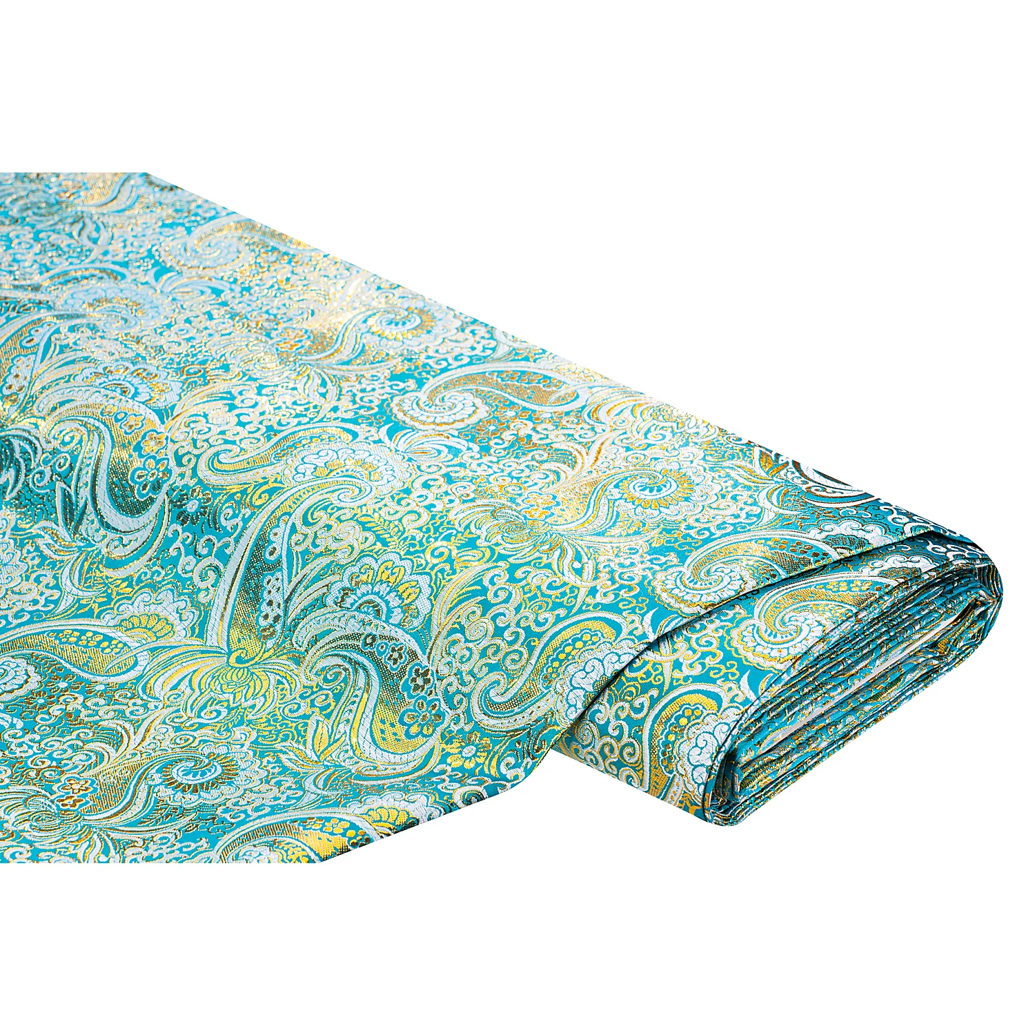 Tissu jacquard "fleurs paisley", turqoise/doré