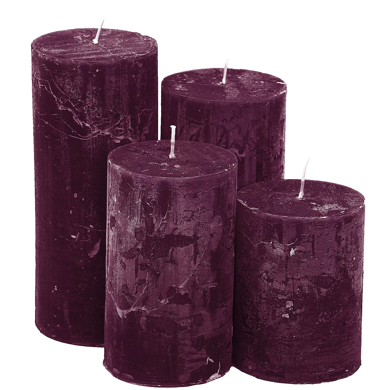 Rustikale Kerzen, weinrot, abgestuft, 4 Stück