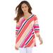 Plus Size Women's Diagonal Stripe V-Neck Tee by Roaman's in Spice Red Multi (Size 4X) Shirt