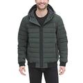 DKNY Men's Quilted Performance Hooded Bomber Jacket Down Alternative Coat, Dark Olive Matte Stretch, X-Large